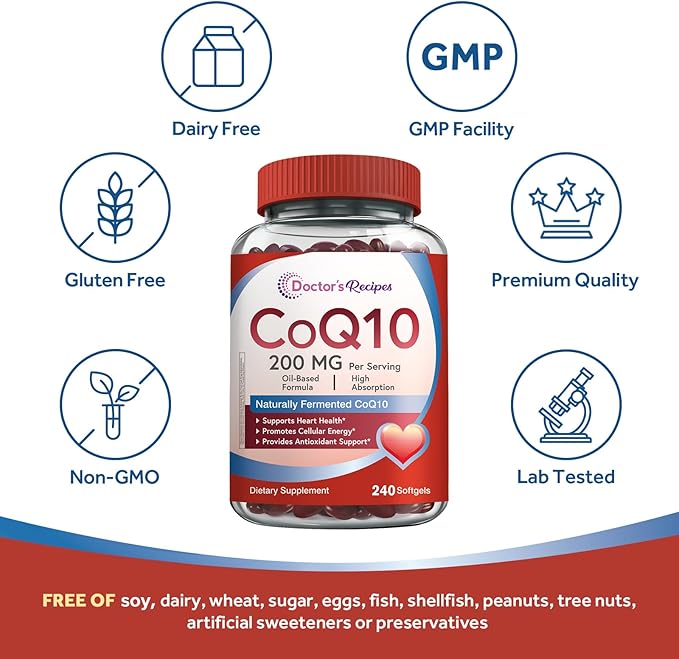 Doctor's Recipes CoQ10 200mg Per Serving High Absorption Coenzyme Q10 Supplement with Olive Oil Heart &amp Vascular Health Energy Production &amp Antioxidant Support 4 Month Supply 240 Softgels