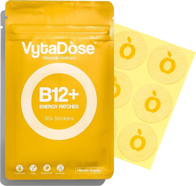 Vytadose Topical B12 Energy Patches for Mood Energy &amp Cognition | Natural Caffeine Patches | Skin-Friendly Water-Resistant | 30 Count
