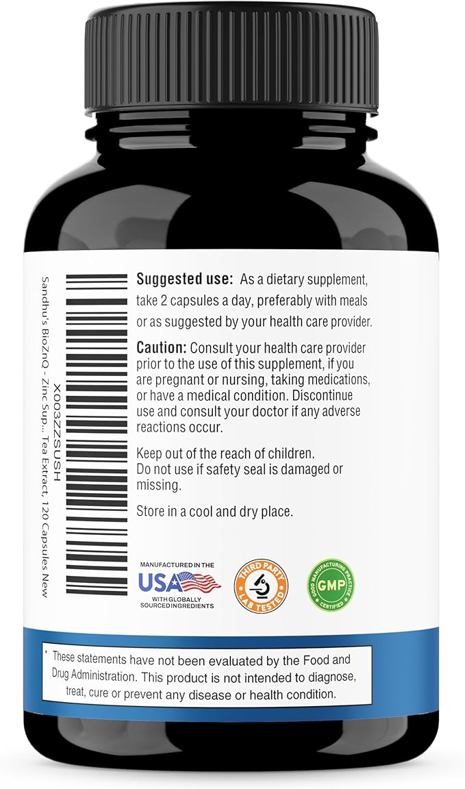 Sandhu's Zinc Supplement with Ionophores| Quercetin &amp Green Tea Extract for Superior Absorption and High Potency| 800mg Vegetarian Capsules 120 Count (Pack of 1)| Immune Support for Men &amp Wome