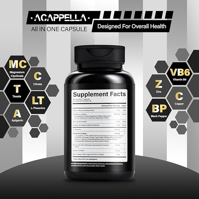 ACAPPELLA Magnesium Glycinate with Magnesium Citrate Capsules l theanine Supplement apigenin Capsules - apigenin Supplement l-theanine - 120 Count