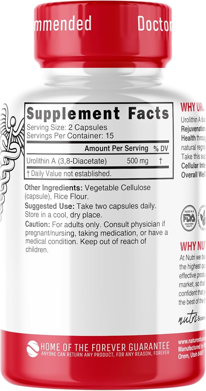 Nutri Urolithin A Supplement 500mg - Powerful Antioxidant Health &amp Wellness Booster - 3rd Party Tested - 500 mg Urolithin A Diacetate - 30 Vegan Capsules 2 Week+ Supply - NSF cGMP Certified Facil