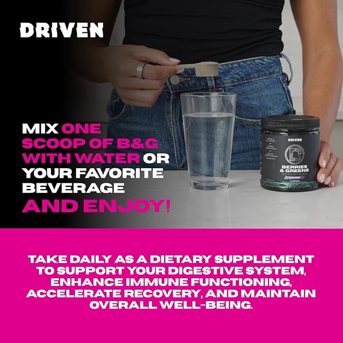 Driven B&ampG Berries &amp Greens Superfood Powder 30 Servings - Organic Plant-Based Formula with Probiotics &amp Digestive Enzymes -Supports Recovery Healthy Digestion and Immune Function