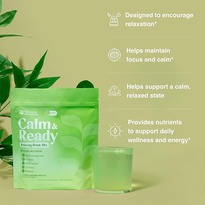 Calm and Ready Powder Drink Mix with Magnesium Glycinate Ashwagandha KSM 66 L Theanine and Tart Cherry Relaxation Support Supplement Apple Melon 20 Travel Packets