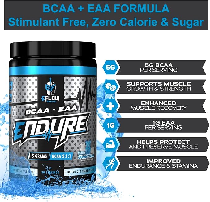 eFlow Nutrition Endure BCAA Plus EAA - Essential Amino Acids Electrolyte Powder Intra Workout - Improve Energy Recovery and Performance - Warrior Gummy Bear(30 Servings)