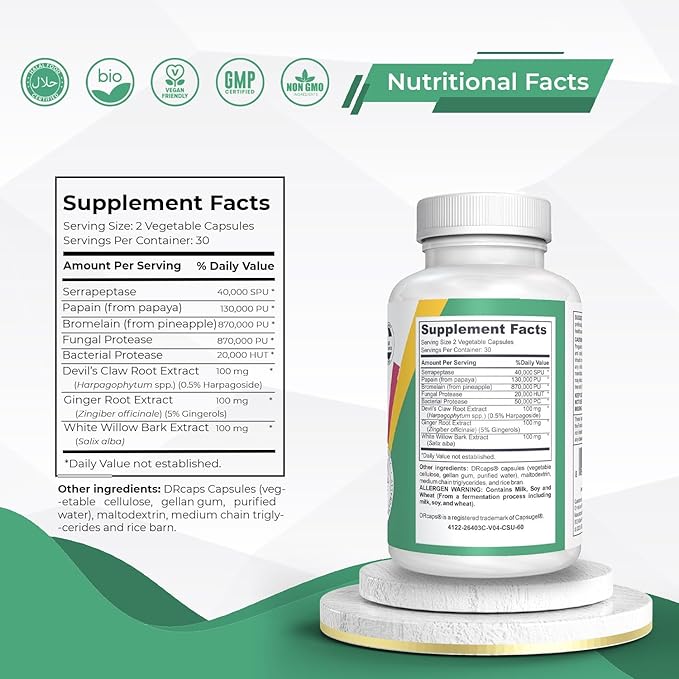 NFlaStat - 60 Capsules | Natural Systemic Enzymes for Inflammation | Alleviates Pain | Proteolytic Enzymes Supplement with Serrapeptase Papain &amp Bromelain | Bone &amp Muscle Support