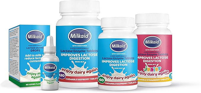 Milkaid Lactase Enzyme Drops Tablets for Lactose Intolerance Relief | Prevents Gas Bloating &amp Diarrhea | Dairy Digestive Supplement | 0.5 Fl Oz &amp 120 Raspberry Flavored Tablets