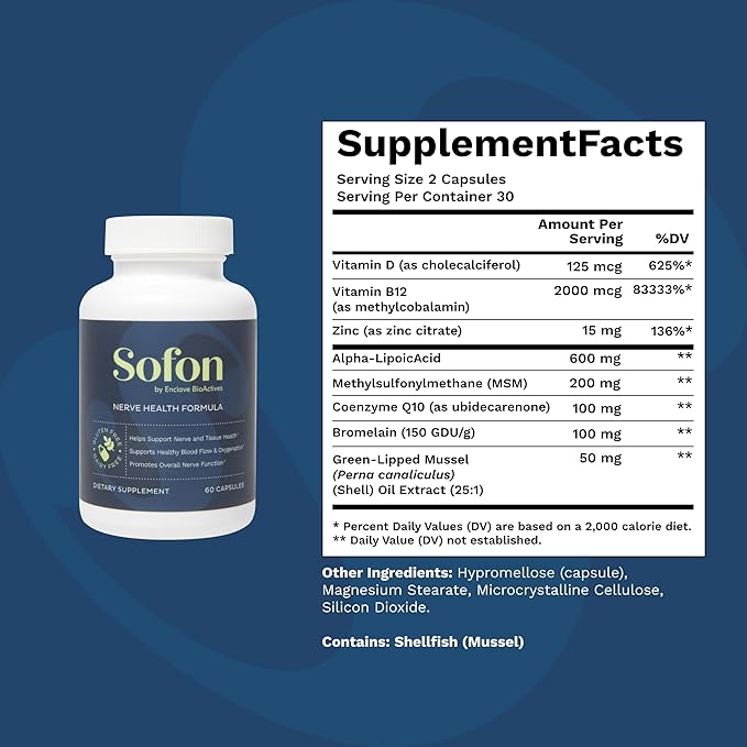 Nerve Support Supplement (60 Caps 30 Servings) : Neuropathy Supplements Blend for Healthy Feet with Vitamin D B12 Zinc Alpha-Lipoic Acid MSM Coenzyme Q10 Bromelain &amp Green-Lipped Mussel