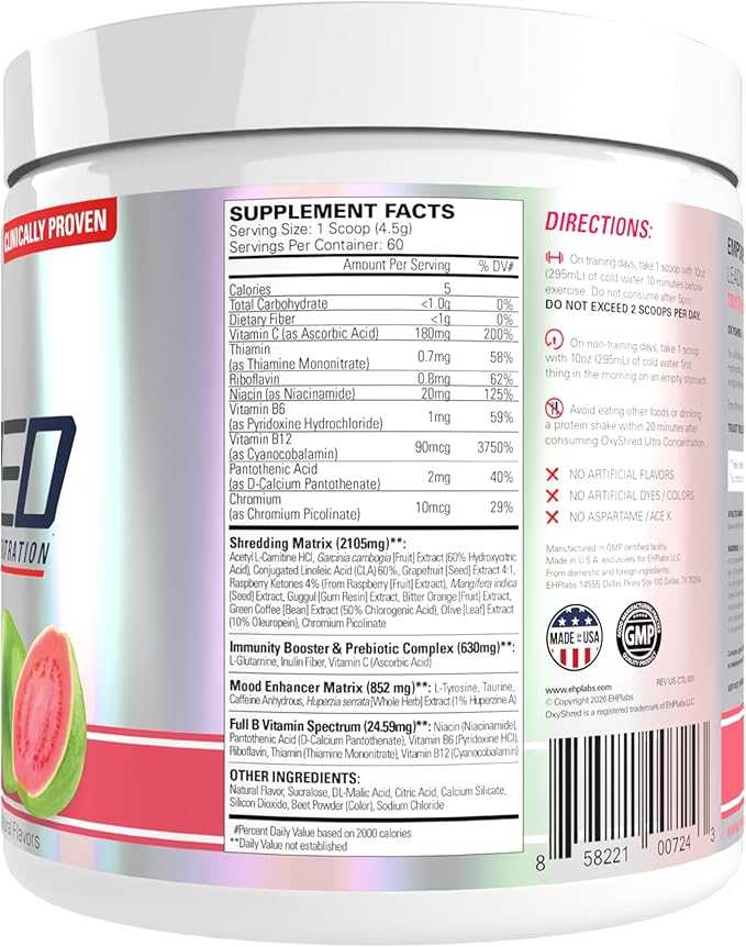 EHP Labs OxyShred Pre Workout Powder &amp Shredding Supplement - Preworkout Powder with L Glutamine &amp Acetyl L Carnitine Energy Boost Drink - Guava Paradise 60 Servings