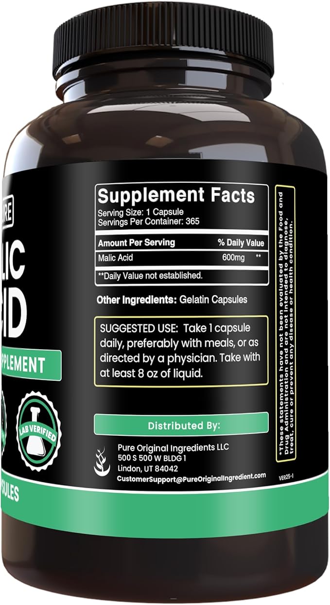 Pure Original Ingredients Malic Acid (365 Capsules) No Magnesium Or Rice Fillers Always Pure Lab Verified