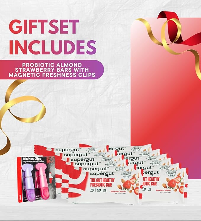 12x Bar Prebiotic Almond Strawberry 1.8 oz Bundle with Plastic Magnetic Clips — Breakfast Bars On-The-Go Snack with 10g Prebiotic Fiber and 10g Protein Low Sugar Keto-Friendly — Gift Set (13 Items)