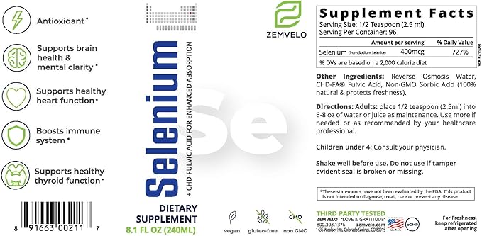 ZEMVELO Liquid Ionic Selenium Supplement - Adult Healthy Aging Supplement - Supports Immune System &amp Antioxidant Defense for Longevity and Wellness - 3 Month Supply