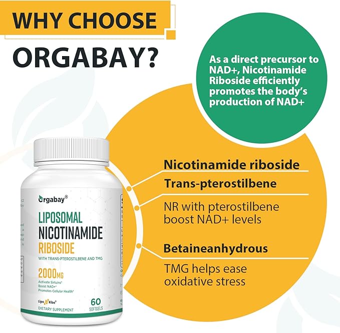 Orgabay Liposomal Nicotinamide Riboside 2000 MG with TMG and Pterostilbene Similar to NMN Supplements Boost NAD+ Metabolism Booster Support Healthy Aging60 Count
