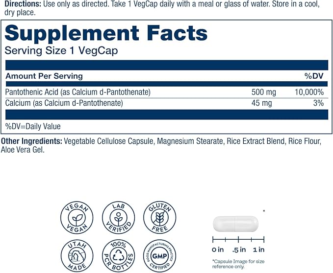 SOLARAY Pantothenic Acid 500mg - Pantothenic Acid Supplement (Vitamin B5) - Essential B Complex Vitamin - Nervous System and Cellular Energy Support - Vegan Gluten Free 60-Day Guaratee 250 Servings