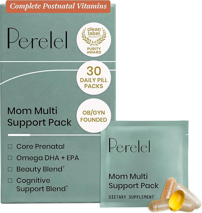 Perelel Mom Multi Support Pack Postnatal Vitamins for Women with Omega 3 Dha Iron Collagen &amp Vitamin B12 to Support Postpartum Health Soy &amp Gluten Free Non GMO 30 Daily Pill Packs