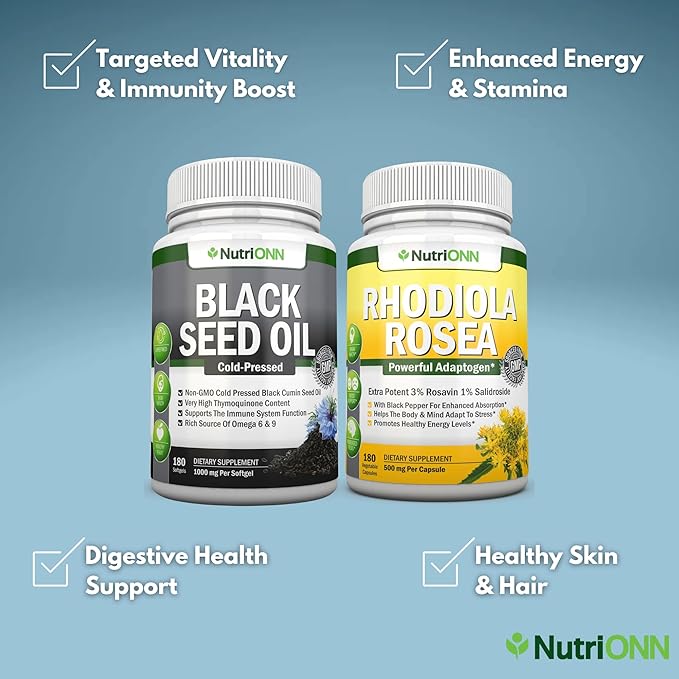 Black Seed Oil Softgels &amp Rhodiola Rosea Capsules - Targeted Vitality and Immunity Boost