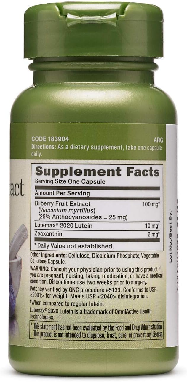 GNC Herbal Plus Bilberry Extract and Lutein Supplement Vegetarian Supports Eye and Vision Health 60 Servings