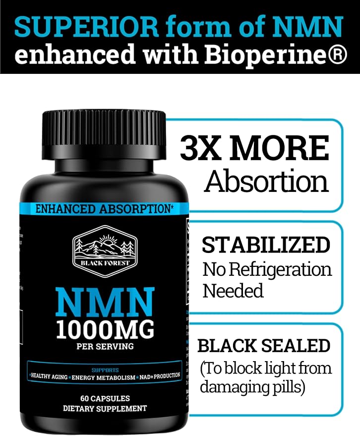 Black Forest NMN Supplements 1000mg (Nicotinamide Mononucleotide) 99% Pure Stabilized Form BioPerine® for Enhanced Bioavailability (60 Capsules) (NMN 1000mg per Serving) NAD Supplement for NAD