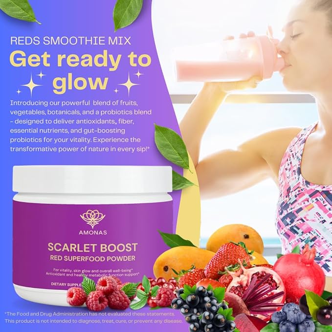 Scarlet Boost Red Superfood Powder - All Natural Red Greens Superfood Powder and Smoothie Mix: Greens Powder with Digestive Blend &amp 9 Strain Probiotics - 30 Servings