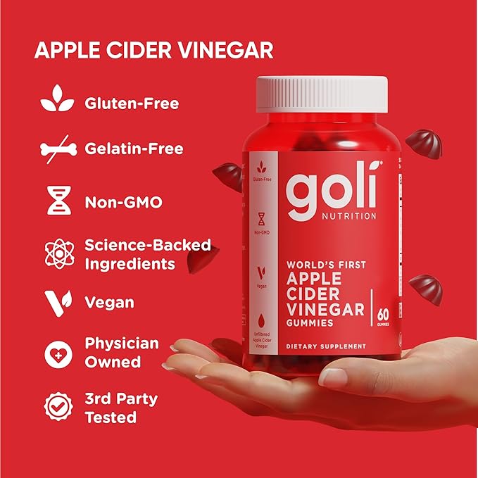 Goli Apple Cider Vinegar Gummies - Worlds First ACV Gummy with Vitamin B12 Beetroot &amp Pomegranate - Vegan Non-GMO Gluten-Free 120 Count (2 Pack)