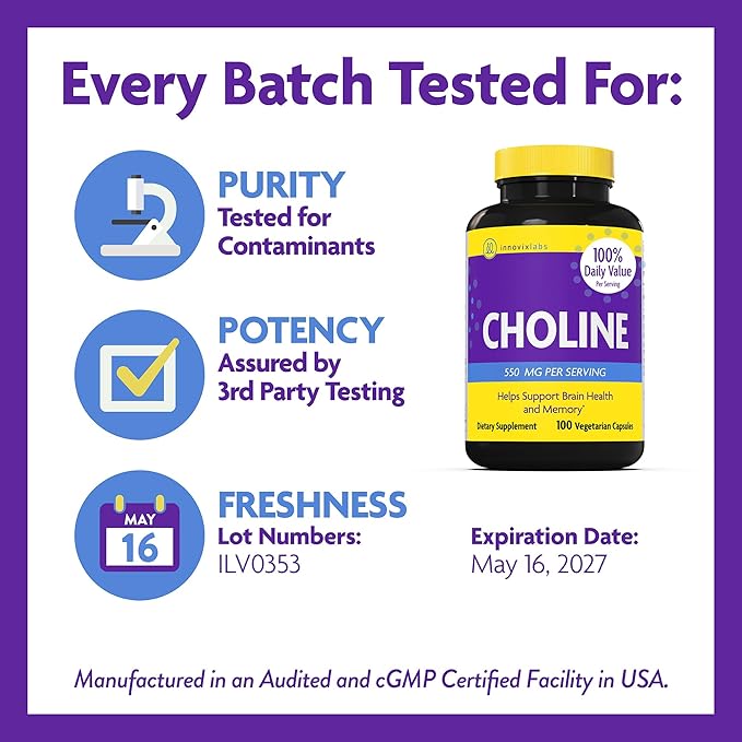 InnovixLabs Choline Supplement 550mg Pure Choline Bitartrate for Brain Health Focus Memory Cognitive Development Fatty Liver and Mood Support for Women and Men 100 Capsules