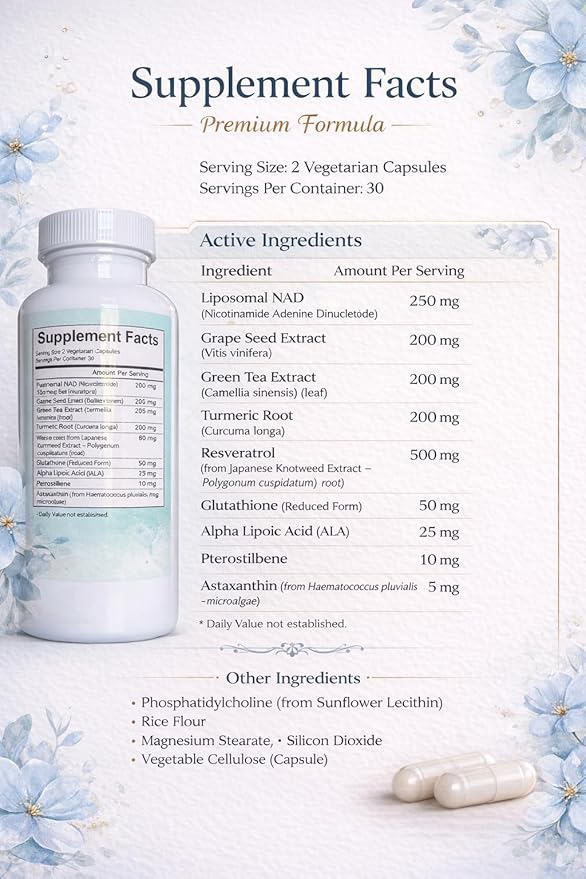 Premium NAD+ Supplement liposomal NAD+ Ultimate (1000mg) resveratrol ala glutathione astaxanthin quercetin 10 in 1 Advanced Formula