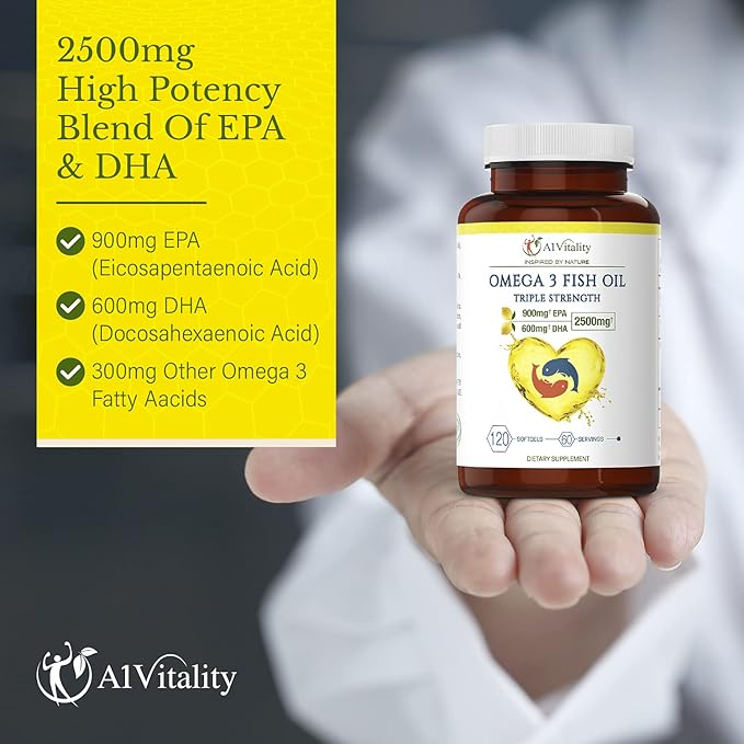 Omega 3 Triple Strength EPA DHA Supplement - 2500mg Lemon Flavored Burpless Fish Oil - High Potency 900mg EPA 600mg DHA Supports Circulation Brain Heart Eye Skin Bone &amp Joints - 120 Softgels