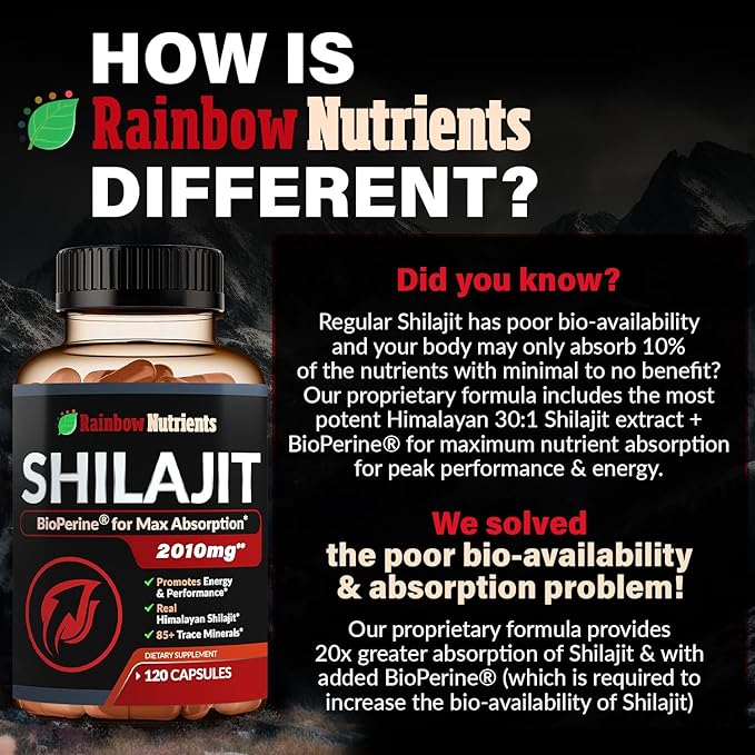 Pure Himalayan Shilajit Capsules Supplement (2010mg + Absorption Enhancer+50% Fulvic Acid) Natural 30:1 Shilajit with 85+ Trace Minerals for Energy Performance Immune Support| Non GMO| 120 Pills