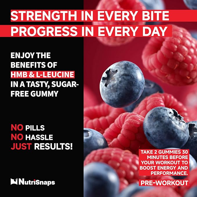 Sugar Free HMB and Leucine Gummies HMB and Leucine Amino Acid Supplements for Men Women with CoQ10 Rhodiola Rosea for Muscle Growth and Fast Workout Recovery Vegan Mixberry Flavor 30 Servings