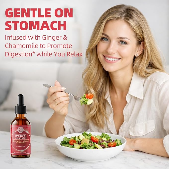 Magnesium Glycinate Liquid Drops with Chamomile Hawthorn &amp Ginger for Stress Relief and Digestive Comfort Fast Absorption Non-GMO Vegan Formula Sugar Free Strawberry Flavor 2 Fl OZ