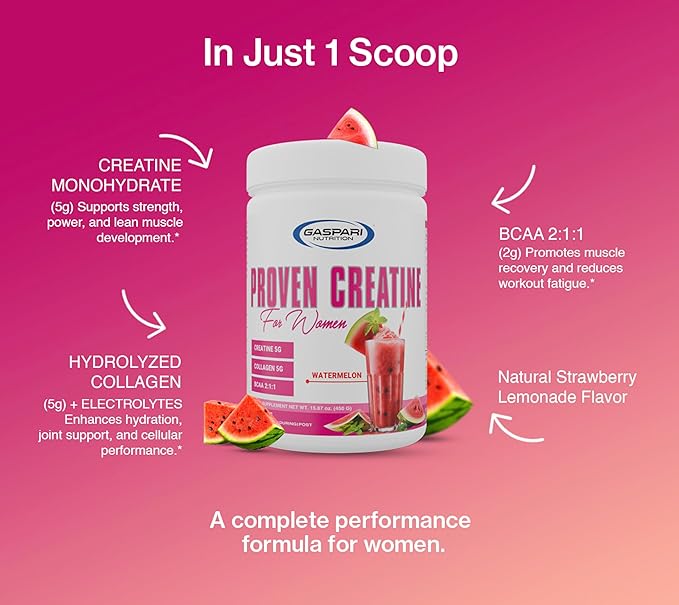 Gaspari Nutrition Proven Creatine for Women 5g of Creatine 5g of Collagen Vitamin C and Collagen Clean Natural Formula Electrolytes for Hydration (30 Servings Watermelon)