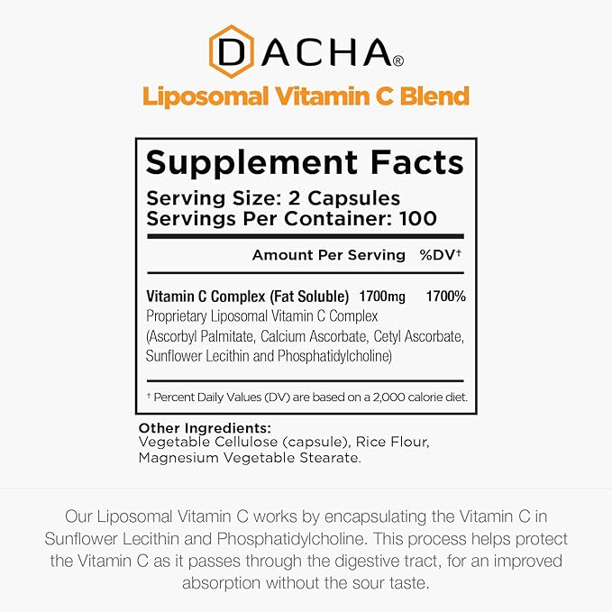 DACHA Natural Liposomal Vitamin C - 1700mg 200 Capsules Immune System &amp Collagen Booster High Absorption Fat Soluble VIT C Buffered Skin Vitamins Vegeterian Vegan