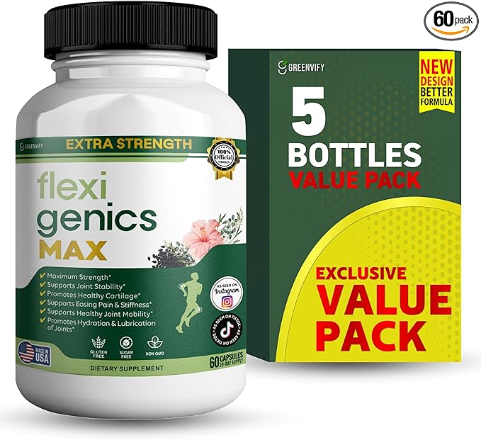 Flexigenics Max Extra Strength Joint Support Supplement 1500mg Glucosamine 60 Capsules 20 Day Supply (5)