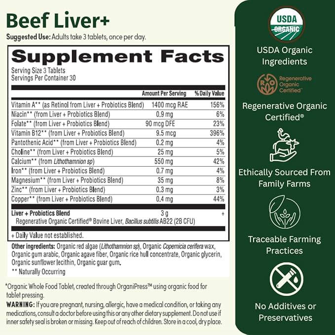 Beef Liver+ – Regenerative Organic Certified Grass-Fed Liver Supplement – Natural Source of Iron Vitamin A &amp B12 – Supports Energy Detox &amp Metabolic Health – 90 Capsules