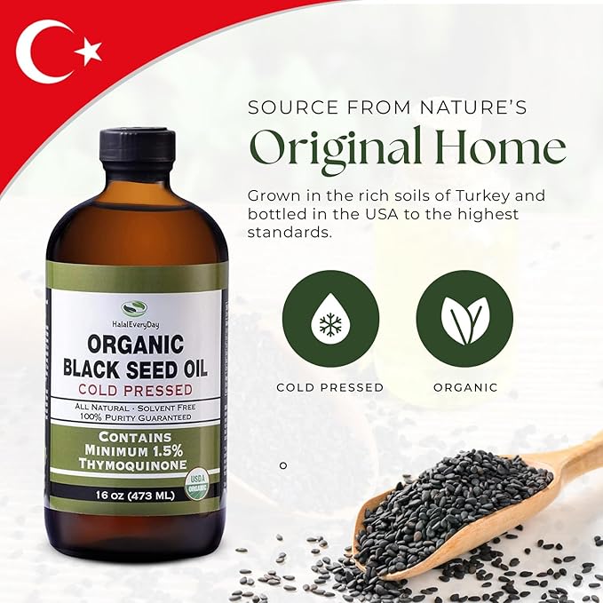 HalalEveryDay Organic Black Seed Oil - USDA Certified Cold Pressed Glass Bottle 16oz - Over 1.5% Thymoquinone Turkish Black Cumin Nigella Sativa Non-GMO 100% Pure Blackseed Oil