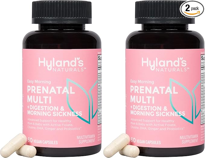 Hyland's Easy Morning Prenatal Multivitamin and Digestive Health and Morning Sickness Relief 60 Vegan Capsules with Folate Choline Zinc Ginger Root Prebiotics and Algae DHA (Pack of 2)