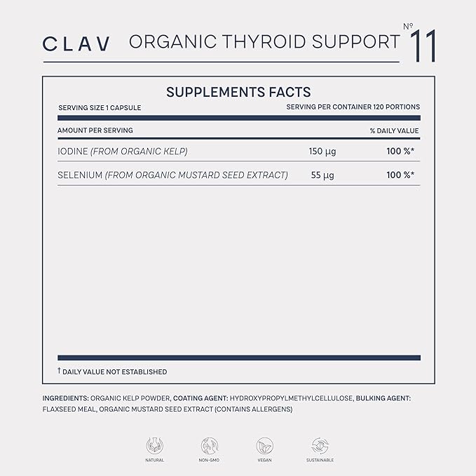 Organic Thyroid Support Supplement with Iodine from Sea Kelp Organic and Selenium from Mustard Seed Extract - 120 Capsules - Natural Thyroid Supplement for Men &amp Women - Vegan and Gluten Free