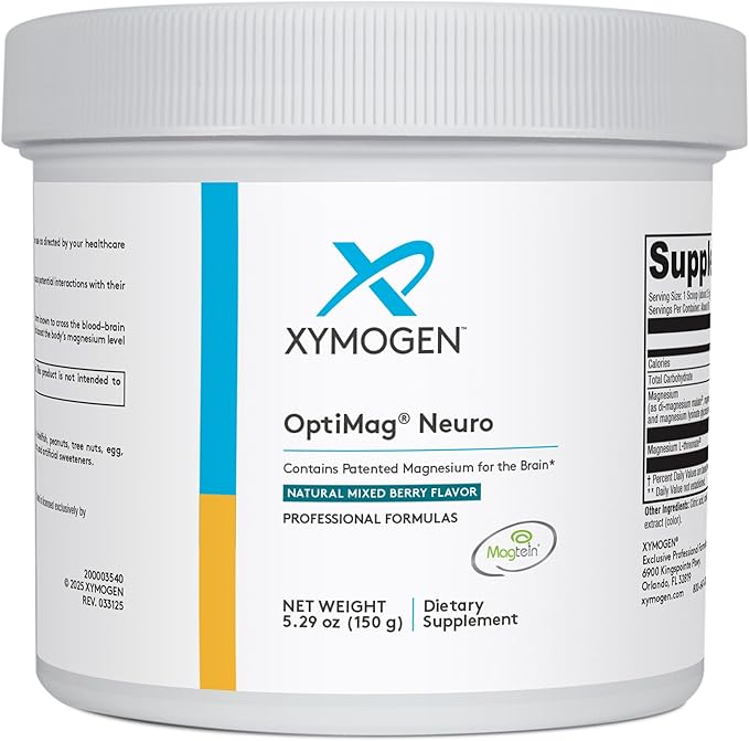 XYMOGEN OptiMag Neuro - Brain Health &amp Relaxation Support - Magnesium Glycinate &amp L-Threonate - Chelated Magnesium Powder - Mixed Berry Flavor - 5.29 Oz