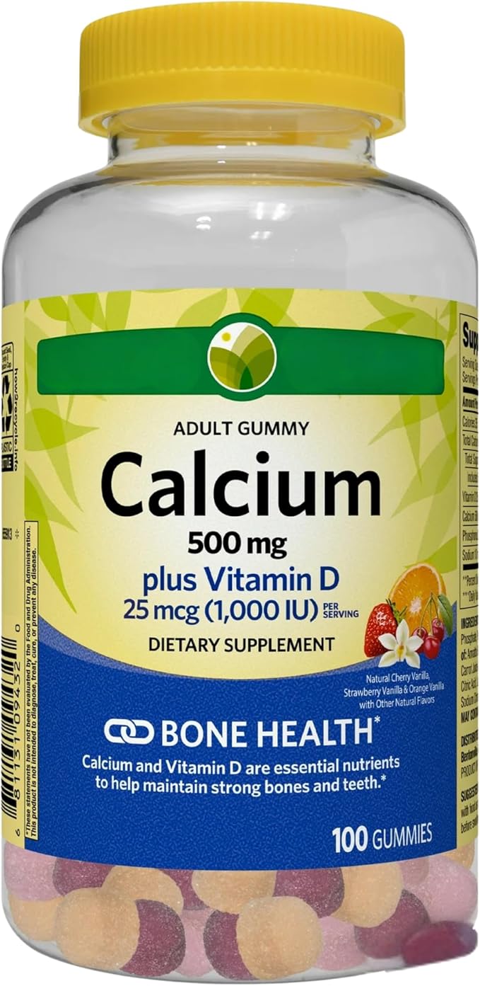 KP+ Calcium Gummies 500 mg with Vitamin D 25 mcg (1000 IU) | 100 Gummies | Natural Fruit Flavors | Pack of 1
