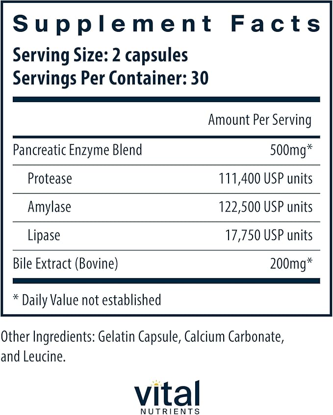 Vital Nutrients Pancreatin &amp Ox Bile Extract 500mg - Natural Digestive Enzymes for Women &amp Men - Supports Digestion of Protein Fat and Carbohydrates*- Gluten Dairy &amp Soy Free - 60 Capsu