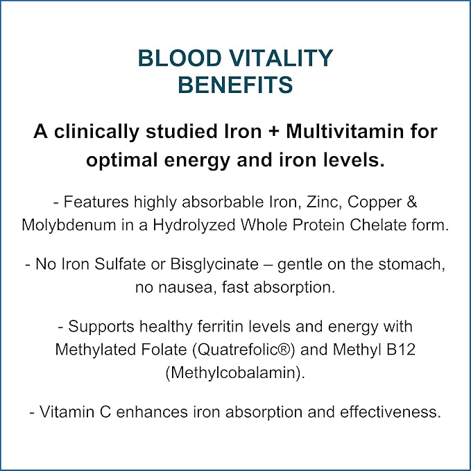 Dr. Wholeness Blood Vitality | Daily Iron/Multivitamin Supplement | Boost Ferritin and Energy Most Effective Iron Supplement High Potency Non-Constipating No Nausea and Bioavailable | 30 Capsules