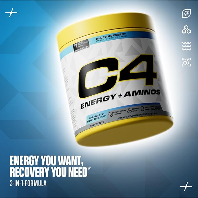 C4 Energy + Aminos Powder 5g BCAAs &amp EAAs for Muscle Recovery 3 Electrolytes for Hydration 100mg Natural Caffeine Pre Workout Zero Sugar 30 Servings Blue Raspberry