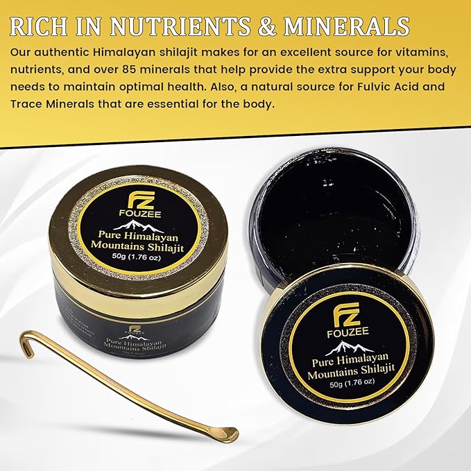 FOUZEE Pure Himalayan Mountains Shilajit - 77% + Fulvic Acid Authentic Hard Consistency Natural Source of Fulvic Acid Over 85 Trace Minerals Includes Stainless Steel Spoon (50 Grams)