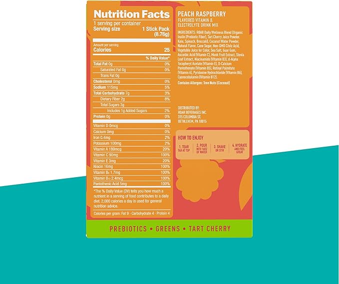 ROAR Organic Daily Wellness - Prebiotic Green Superfood Hydration Packets with Antioxidants - No GMOs Gluten Free - Peach Raspberry - 10 pc