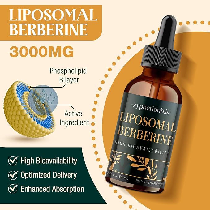 Liposomal Berberine HCL Supplement Liquid 3000mg - High Absorption Berberine Drops with Ceylon Cinnamon - 12-in-1 Formula AMPK Activator Sugar Free - 2 fl oz