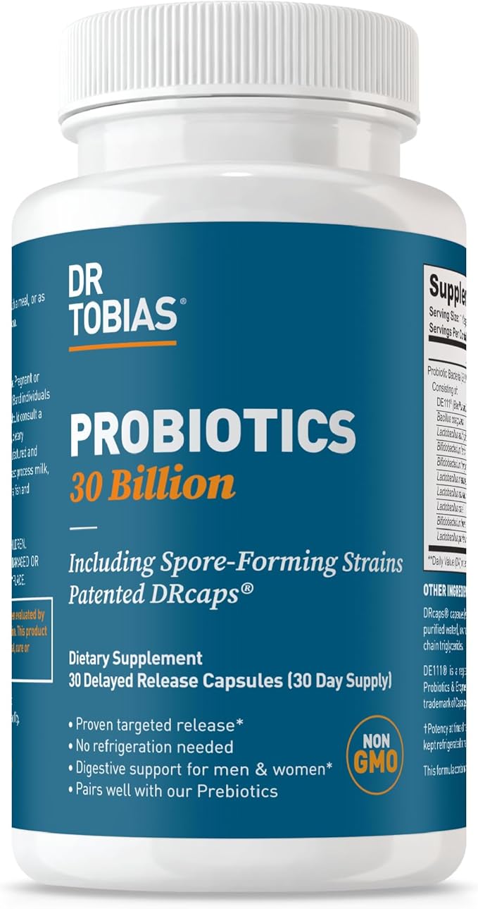 Dr. Tobias Probiotics 30 Billion 10 Strains 30 Billion CFU's Targeted Release Probiotics for Women &amp Men Supports Digestive Health Shelf-Stable Non-GMO 30 Capsules 30 Servings