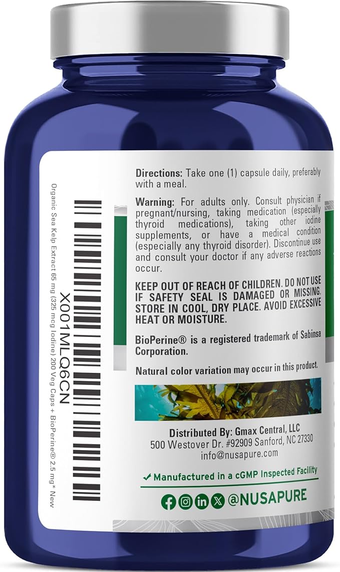 NusaPure Sea Kelp Natural Iodine Capsules 65 mg 200 Veg Capsules (Non-GMO Vegan)