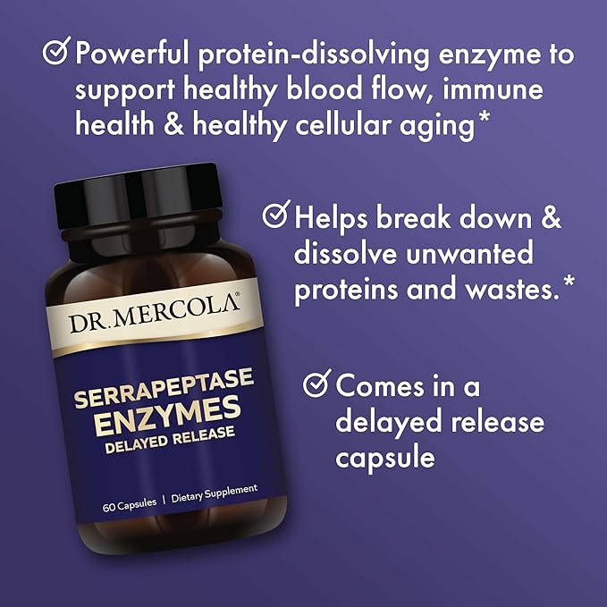 Dr. Mercola Serrapeptase Enzymes - Supports Healthy Cellular Function - Delayed Release - Non-GMO Gluten-Free &amp Soy-Free - 60 Capsules