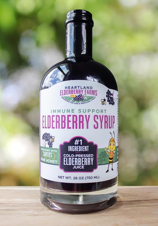 Heartland Organic Elderberry Syrup - Cold Pressed Elderberry Juice Zero Water Added - Immune Support for Kids &amp Adults - Made with Raw Honey Ginger Cinnamon &amp Star Anise - 26 fl oz (750 ml)