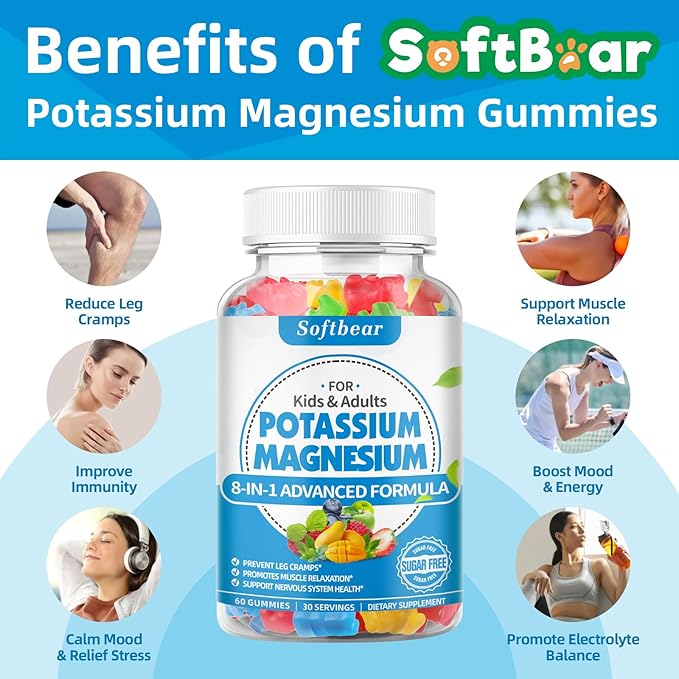 softbear Sugar Free Potassium Magnesium Gummies for Adults Kids High Absorption Potassium Supplement Gummies Supports Leg Cramps &amp Muscle &amp Immune Health Delicious Mixed Fruit Flavor 120 Cou