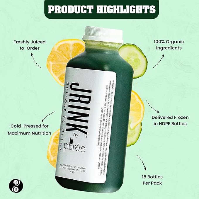 JRINK by Purée Daily Green Juice Cold Pressed Organic Fruit and Vegetable Blend Detox Cleanse Healthy Raw Greens Drink No Preservatives Juice Cleanse 16oz HDPE Bottles Pack of 24